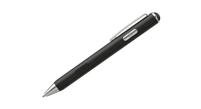 A sleek black pen with silver accents on a solid black background