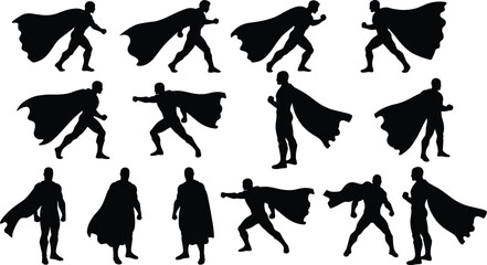 Superhero action silhouettes, dynamic hero poses with cape, comic character vector illustration for design and animation projects
