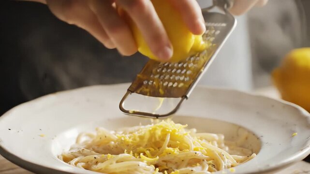 Close up of a person grating a yellow citrus fruit over a prepared dish