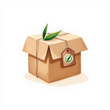 Cardboard box tied with string and green leaves, eco friendly packaging and delivery concept illustration