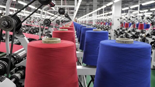 Rows of vibrant red and blue yarn spools on automated textile machines in a modern factory setting