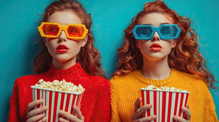 Obraz premium Two female friends in red casual clothes wearing 3D glasses watch a movie together while holding a bucket of popcorn