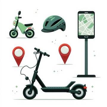 Modern electric scooter sharing service icons with helmet navigation map and mobile phone display