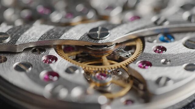 Close-up view of the intricate mechanical gears and ruby jewels inside a precision timepiece