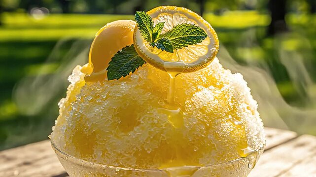 Close up of refreshing lemon dessert with mint garnish