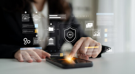 A modern concept showcasing digital security with AI technology, focusing on data protection and...