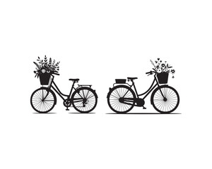 Fototapeta premium Two black silhouette bicycles with baskets full of flowers parked side by side on white background Keywords: bicycles, bikes
