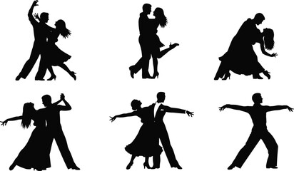Ballroom and Latin dance silhouettes, six elegant couples in dynamic poses, twirls, dips, expressive movements, partner dancing, artistic choreography