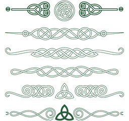 Ornate Celtic knot dividers and borders in elegant green, perfect for decorative design projects, vector illustrations, invitations, stationery, web design, and traditional Celtic artwork.