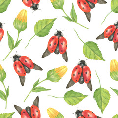 Seamless pattern of ladybugs, flowers and leaves © Olena