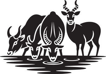 Three wild antelopes drinking from water hole silhouette illustration with ripple effects © MDSHOFIQUL