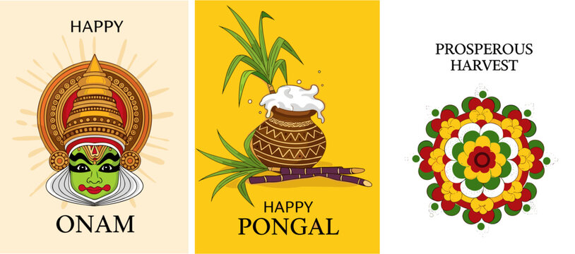 Happy Onam and Pongal Festival Flat Illustration Banner Set with Kathakali Face and Rangoli