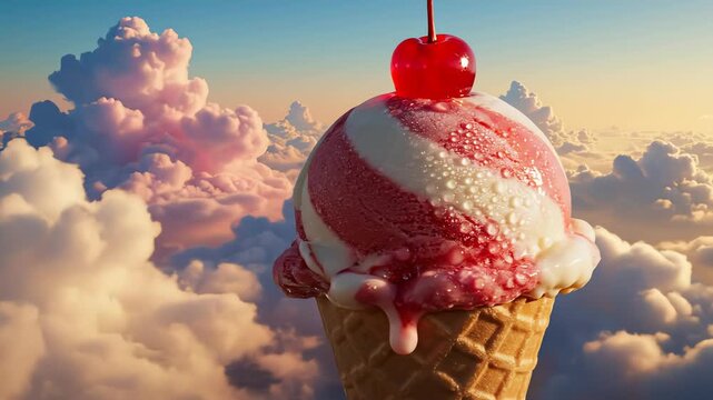 Ice cream cone with cherry on a cloudy sky background conceptual food art