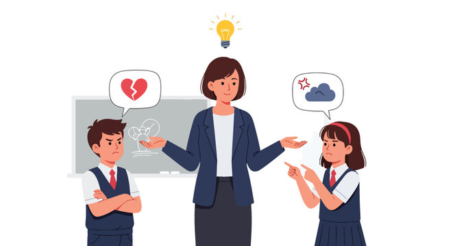 Modern vector illustration of teacher mediating conflict between students in classroom. Emotional intelligence and communication skills education concept