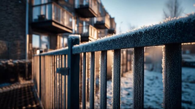 Frost-covered metal railing with sun shining in winter environment  