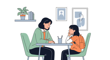 Modern vector illustration of school counselor talking privately with student about feelings. Mental health awareness and emotional support concept in education setting © Amie