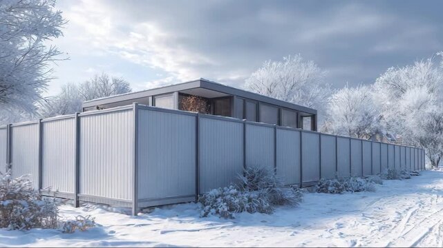 Modern house with metal fencing in snowy winter landscape  