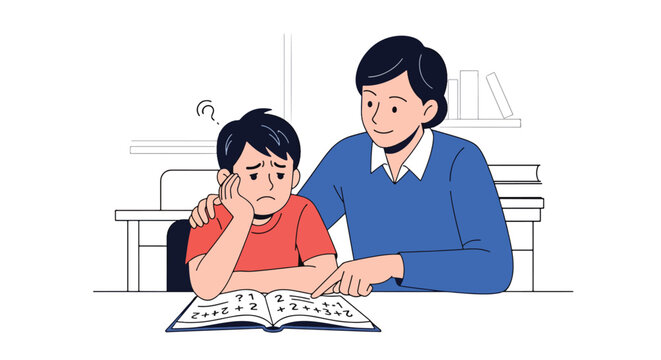 Modern vector illustration of student frustrated with math problem while teacher assists patiently. Academic challenge and emotional support concept in classroom