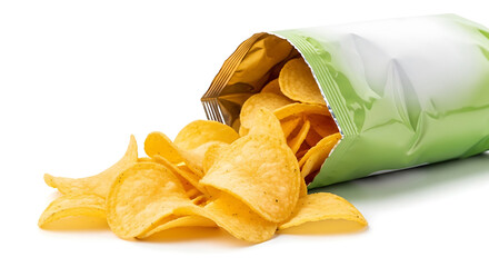 Crispy potato chips spilling out of a bright green snack bag on a white surface