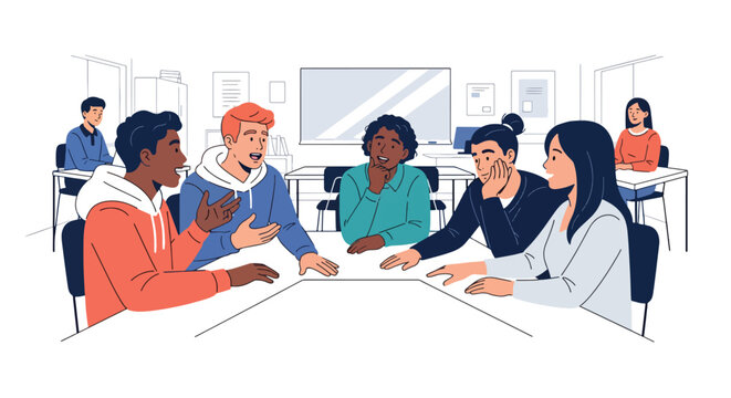 Modern vector illustration of students participating in discussion circle. Emotional communication and collaborative learning concept in supportive classroom environment