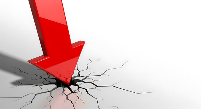 Dramatic red arrow impacting a surface creating deep cracks and showing downward trend