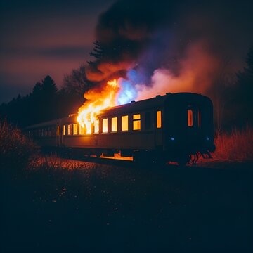 Burning train on railway tracks at night with smoke and flames engulfing carriage