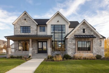 Obraz premium A contemporary stone house featuring expansive windows and a welcoming porch, set in a tranquil suburban neighborhood bathed in daylight