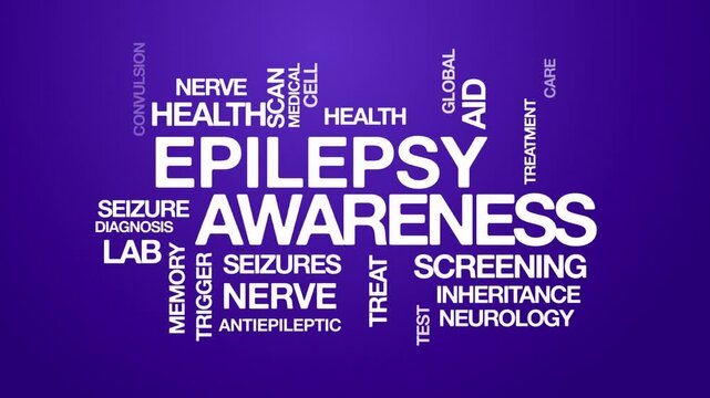 Epilepsy Awareness concept Animated Tag Word Cloud kinetic typography, Text Design Animation typography seamless loop video motion graphics Intro Wordart violet purple background bg backdrop 