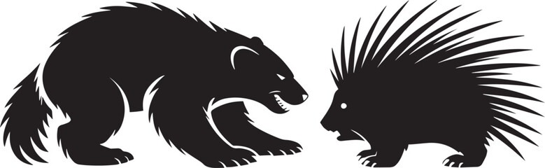 Obraz premium Wolverine versus porcupine in intense wild animal encounter silhouette design isolated