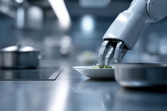 A robot chef preparing a meal in a high-tech kitchen, automation lifestyle