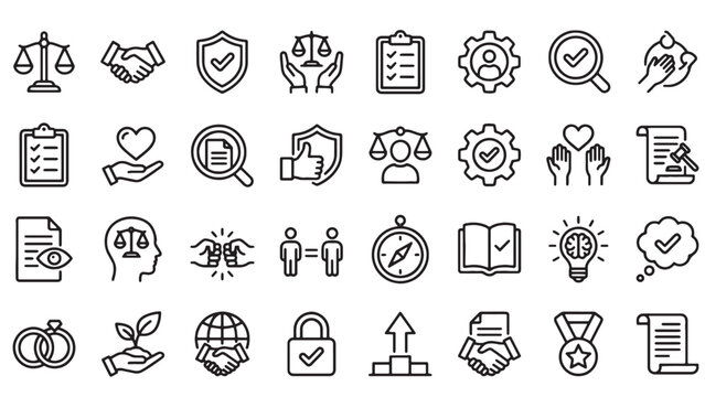 Business ethics and corporate integrity outline icon set for compliance, sustainability, governance reporting and organizational values design