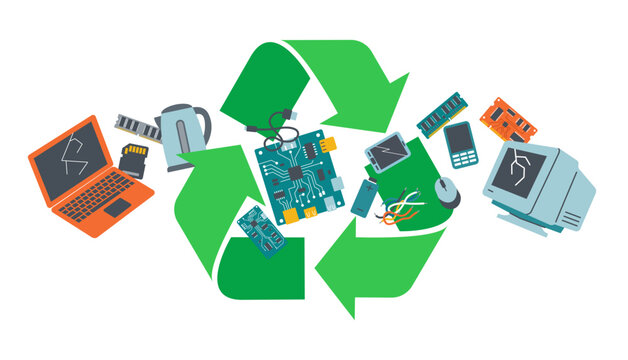 Vector concept of e-waste recycling. Green recycle symbol with broken electronic garbage, laptop and circuit board. Flat design illustration and graphic for ecology infographic or web banner.