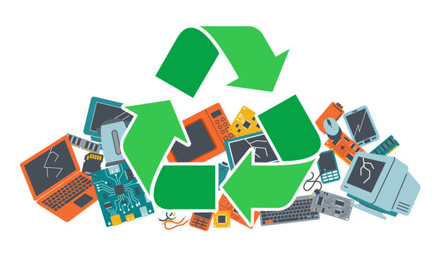 Vector concept of e-waste recycling. Large green recycle symbol over a pile of broken electronic garbage, laptops and circuit boards. Flat design illustration for ecology infographic or presentation.
