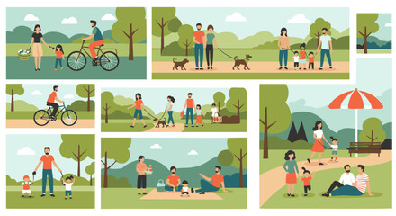 Fototapeta premium Seamless City Park Lifestyle Pattern with People Walking Dogs, Cycling, Jogging and Families Relaxing – Modern Flat Vector Illustration of Urban Outdoor Activities, Healthy Living and Community Recrea
