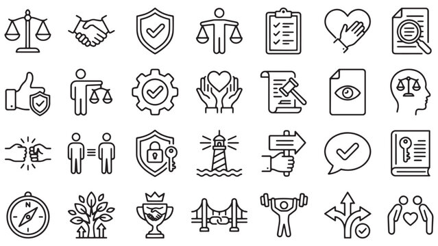 Corporate ethics and legal compliance outline icon set for governance, trust building, policy enforcement and organizational integrity branding