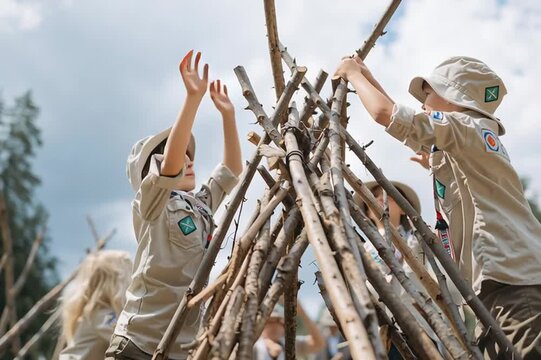 Preteen boys in scout uniforms collaborate on a stick shelter outdoors. Low-angle shot with shallow depth of field focuses on a child's concentration. Natural light and earthy tones evoke adventure.