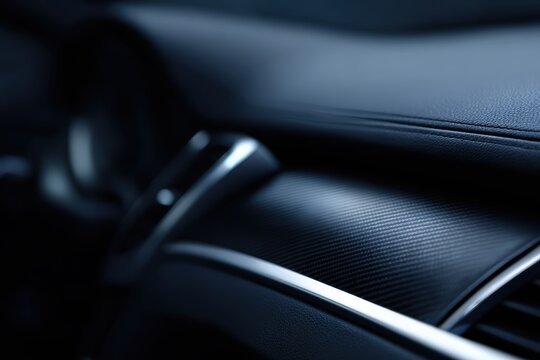 Close up of a luxury car dashboard carbon fiber and leather