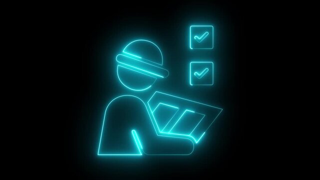 glowing neon Site Inspection Icon isolated on black background. Construction supervisor pointing icon, site inspection, safety management and industrial workflow concept. 4k video animation.
