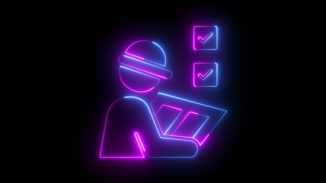 glowing neon Site Inspection Icon isolated on black background. Construction supervisor pointing icon, site inspection, safety management and industrial workflow concept. 4k video animation.