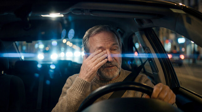 Sekundenschlaf, v&ouml;llig &uuml;berm&uuml;deter Mann f&auml;hrt Nachts mit dem Auto, Lichter der anderen Fahrzeuge blenden ihn, Generative AI