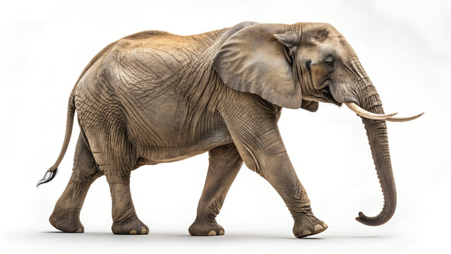 A large elephant walking on a plain white background slowly