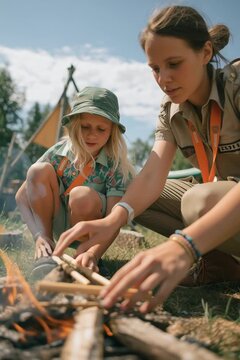 Candid shot of a mentor teaching a child to build a campfire. Low angle view shows teamwork and focus. Warm, natural light on a sunny day at summer camp. Earth tones with orange flames.