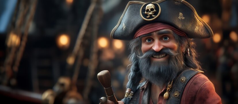 Pirate Blackbeard on a ship. Illustration on themes of cartoons, humor, history, and fantasy.