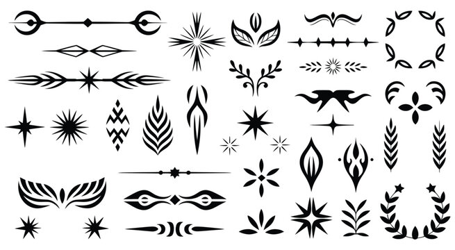 Vector set of gothic and tribal decorative elements featuring spiky arches, thorny dividers, and ornate corner frames, perfect for creative design, illustration, posters, and ornamental graphic projec
