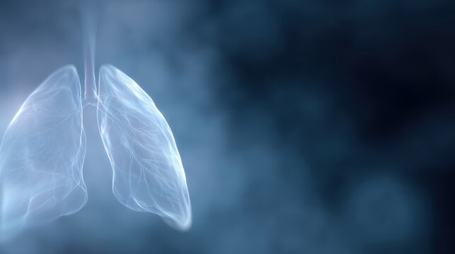 A glowing 3D human lungs illustration showing clean air flow, respiratory health concept