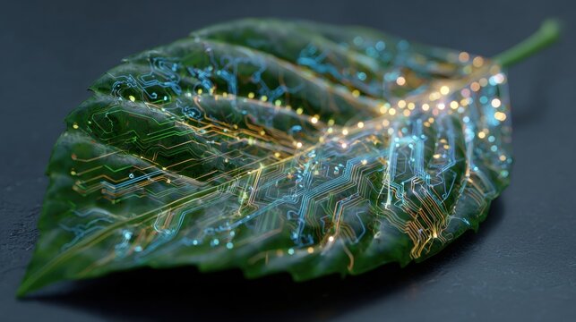 Green leaf integrated with futuristic circuit board technology