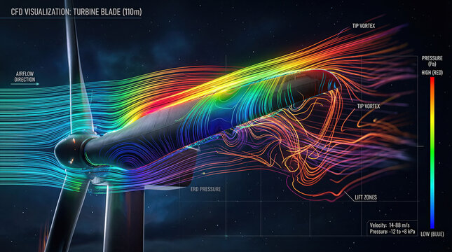 Scientific Visualization of Airflow and Aerodynamics over Wind Turbine Blade.