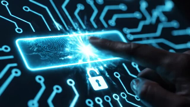 Secure Deployment. Finger pressing glowing deploy button with fingerprint on circuit board for technology and cybersecurity solutions.