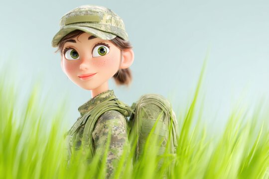Animated style female soldier character wearing camouflage uniform and cap, standing in tall green grass with a soft background, showcasing a friendly expression and youthful appearance