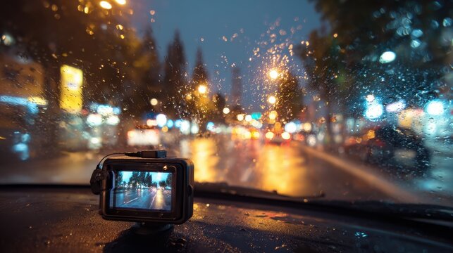 Dashcam mounted on car dashboard recording a city street at night during rain